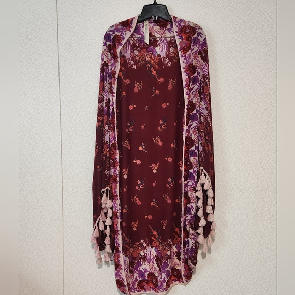 Free People Intimately Kimono Caftan Cardigan Floral Tassle One Size - Picture 1 of 9